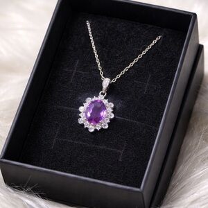 New Sterling Silver S925 Amethyst Halo Pendant Necklace Oval Purple February